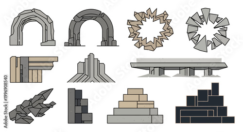 Set of Ancient Stone Structures and Architectural Ruins Elements