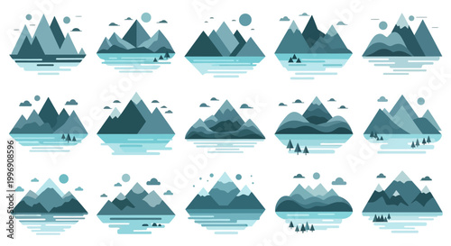 Set of Flat Mountain Landscape Icons with Lakes and Pine Trees