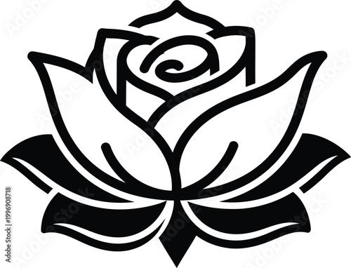 Black and white stylized rose with swirling petals and layered leaves flower symbol