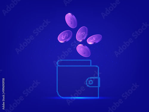 Digital wallet concept with floating dollar coins, online money transfer and electronic payment vector illustration.