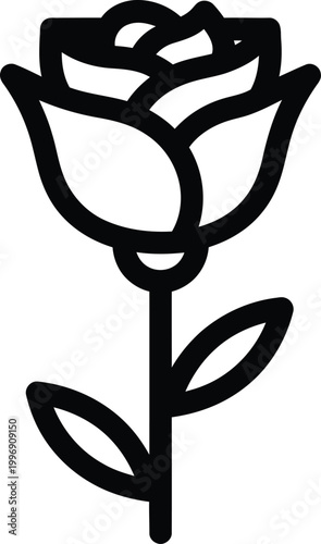 Black outline of a single rose with stem and leaves on white background, flower black and white