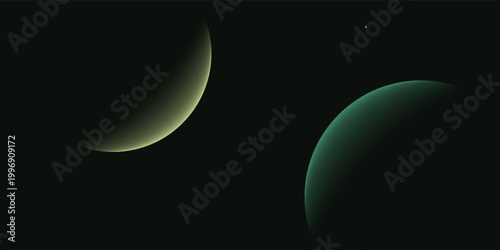 Two planets are partially illuminated with a crescent of light against the vast darkness of space, one glowing yellow-green and the other teal.