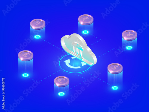 Global cloud banking system isometric concept, central bank icon connected to world currencies USD, Euro, Yen, Yuan, and Pound.