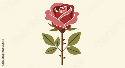 A vibrant single rose with deep red and pink petals, symbolizing love and beauty, presented in a stylized, minimalist illustration