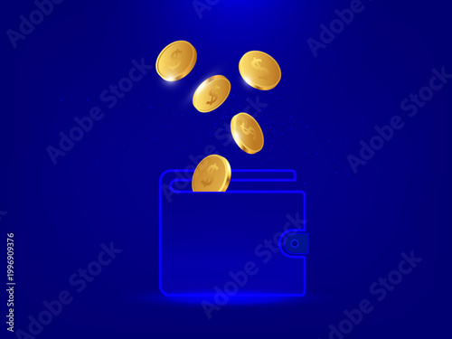 Modern e-wallet with glowing currency, financial technology for digital savings and asset management on dark blue background.