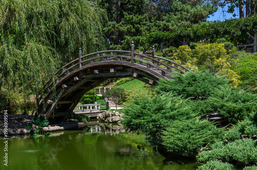 Traditional wooden Japanese moon bridge arching over green pond water at The Huntington Library and Botanical Gardens in Los Angeles.