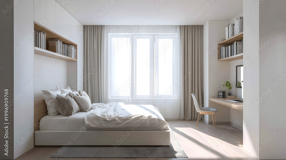 Fototapeta premium A bright, inviting bedroom, featuring minimalist design elements and a modern, airy aesthetic, promoting peace and comfort.