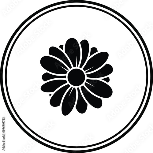 Black silhouette of a daisy flower within double concentric circles white