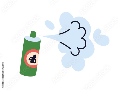 Spraying repellent from aerosol bottle. Mist cloud in air from sprayer for mosquito and pest protection. Anti-insect defense, bite prevention. Flat vector illustration isolated on white background