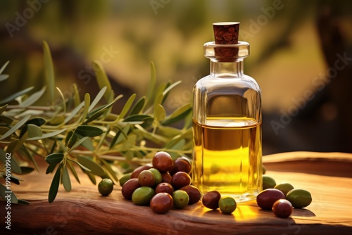 Glass bottle of golden olive oil with fresh olives and olive branch on a rustic wooden surface, illuminated by warm sunlight