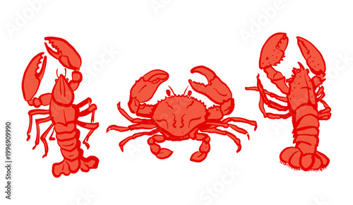 Lobster and crab set in red line art style. Hand drawn vector illustration of marine animals, perfect for seafood branding, packaging or coastal design.
