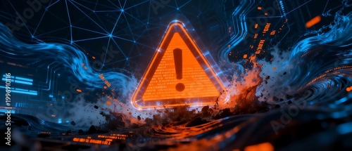 Digital Warning Sign with Abstract Tech Background