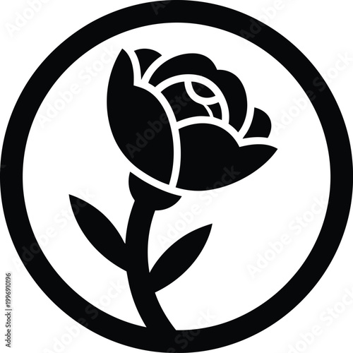 Black silhouette of a rose with leaves inside a circular border flower black and white symbol
