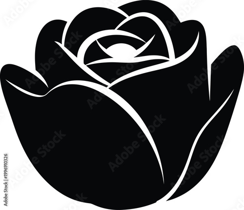 Black silhouette of a rose with stylized petals on a white background, flower