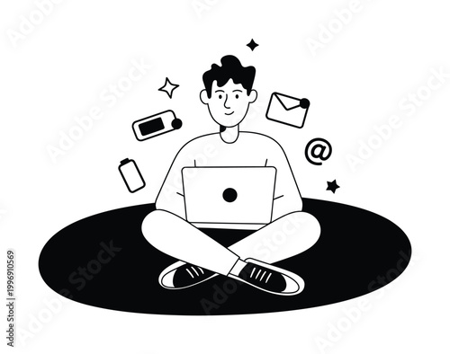 Man Sitting with Laptop and Mobile Vector Illustration