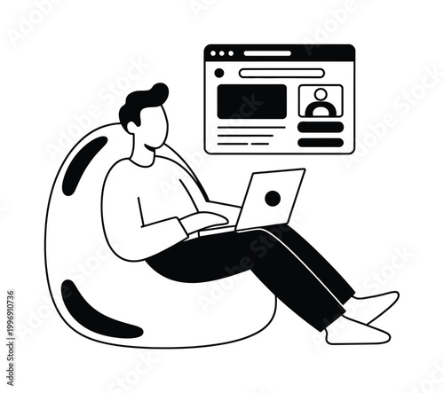 Man Using Laptop with Profile Page Vector Illustration