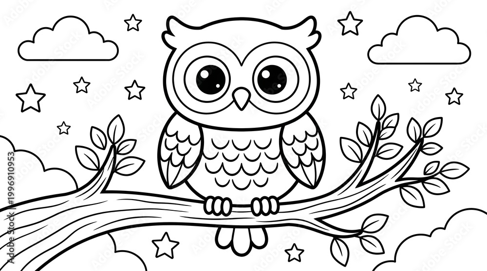 Fototapeta premium Simple Line Art Owl on Branch with Stars and Clouds Coloring Page