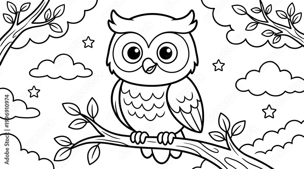Fototapeta premium Black and White Outline Cute Cartoon Owl on Tree Branch Illustration