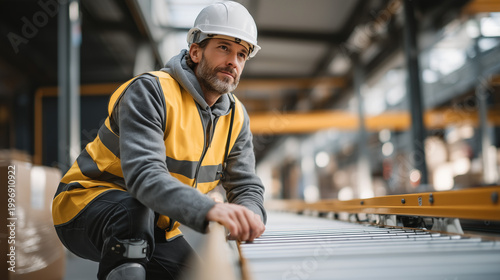Logistics robotics engineer kneeling beside broken conveyor belt sorting system in fulfillment center, startup troubleshooting, warehouse disruption technology, supply chain innovation challenge, in