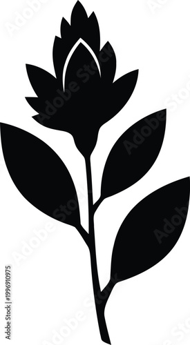 Black silhouette of a stylized flower with leaves on a white background, plant