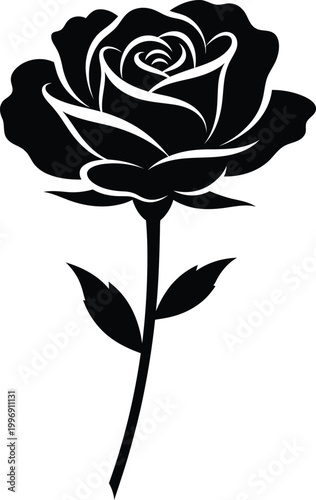 Black silhouette of a single rose with stem and leaves on a white background, flower