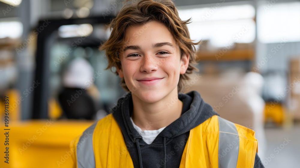 Fototapeta premium High school student in safety vest shadowing warehouse supervisor operating forklift, logistics apprenticeship program, career pathway, vocational training, supply chain workforce development, youth