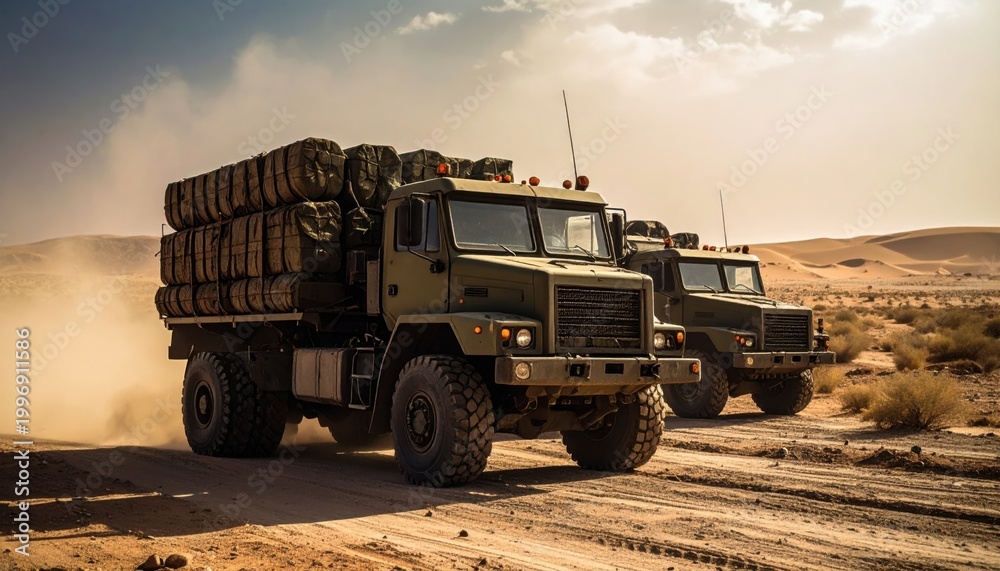 Obraz premium Heavy duty tactical military trucks loaded with ammunition crates parked on a dusty dirt road in the desert, reflecting modern logistics and operational readiness in arid environments.