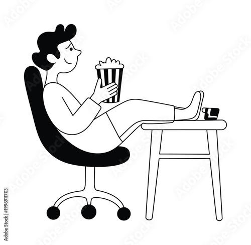 Relaxed Person Sitting in Office Chair with Popcorn Vector Illustration