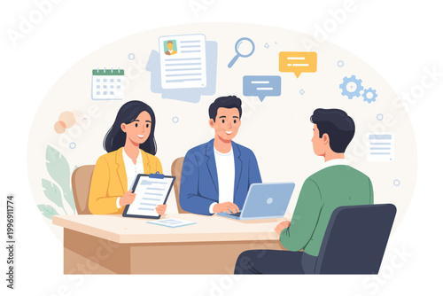 Human Resources Team Conducting Job Interview with Candidate in Office. Two HR Specialists Talking with Potential Employee Across a Desk with Laptop, Resume, and Professional Business Icons.