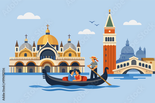Venice Italy Flat Vector Illustration with St. Mark's Basilica, Campanile Tower, Rialto Bridge, and a Romantic Couple in a Traditional Gondola on the Canal for Travel and Tourism Concepts