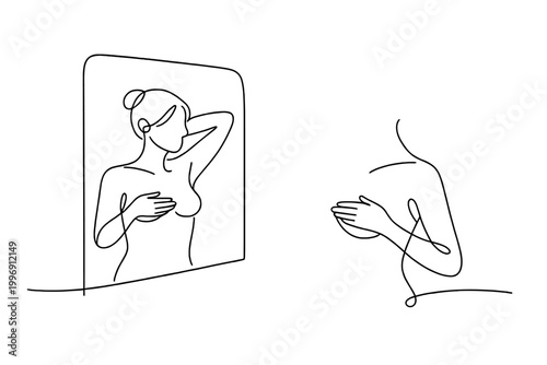 Continuous One Line Drawing of a Woman Performing Breast Self-Examination in Front of a Mirror for Cancer Awareness, Minimalist Vector Illustration of Female Health Checkup and Prevention