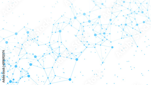 A dynamic abstract digital network on a clean white background, featuring interconnected blue nodes and lines, representing global data, technology, and communication concepts.