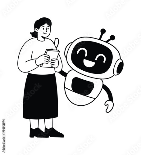 Woman and Smiling Robot Vector Illustration