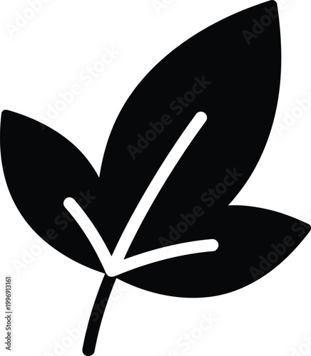 Black stylized leaf with white vein on white background, simple