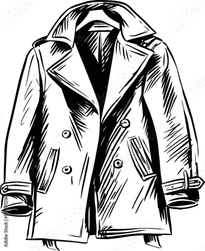 Classic double breasted trench coat illustration with wide lapels and belted cuffs stylish outerwear design for fashion and cold weather