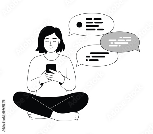 Woman Using Smartphone with Chat Bubbles Vector Illustration
