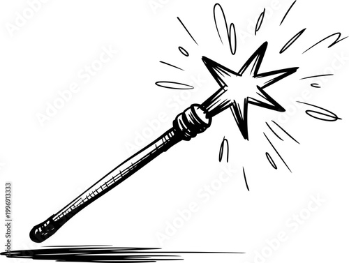 Magic wand glowing with sparkles, fairy tale wand casting spells with star shaped tip and magical energy