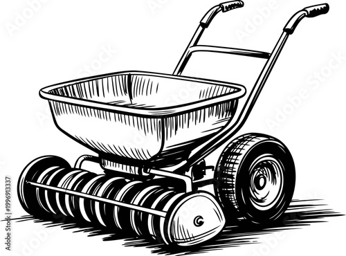 Manual lawn spreader with seed hopper and rotating rollers for garden and lawn care maintenance