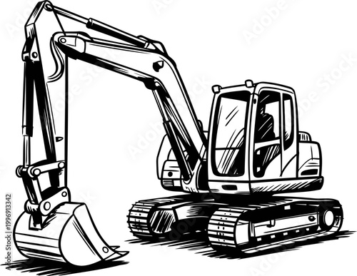 Excavator machinery with tracked wheels and hydraulic arm for digging and construction work