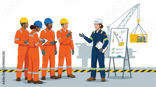 Construction Safety Briefing with Diverse Workers and Crane Operation Illustration Vector