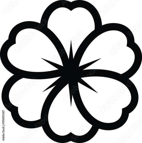 Black stylized flower with six heart-shaped petals and sharp center symbol black and white simple