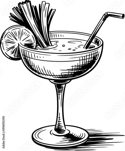 Margarita cocktail glass with lime slice, straw, and garnish hand drawn illustration of refreshing mixed drink