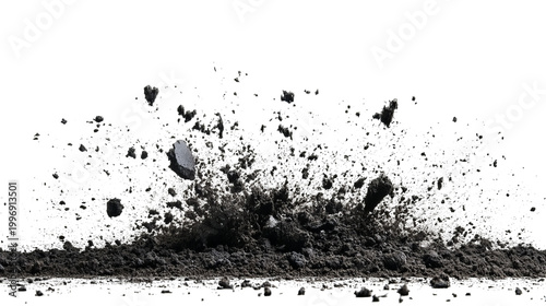 Dust and small rocks explode outward from a ground plane against a stark black backdrop
