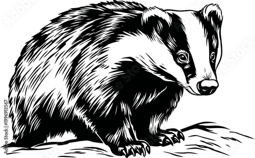 Badger illustration detailed black and white wild animal drawing with textured fur and distinct facial markings