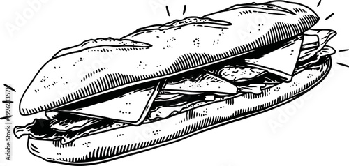 Classic submarine sandwich with layers of meat, cheese, lettuce, and bread, hand drawn sketch