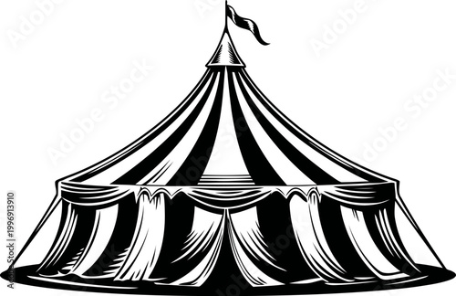 Classic striped circus tent with flag on top, carnival event canopy for entertainment and shows