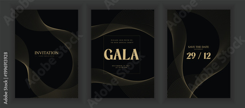 Luxury Gala Invitation Background Vector with Elegant Gold Line Pattern on Black and Light Theme, Premium Design for Wedding, VIP Event Cover and Grand Opening Template