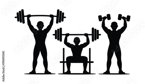 Fitness silhouette illustration of three men lifting weights in gym