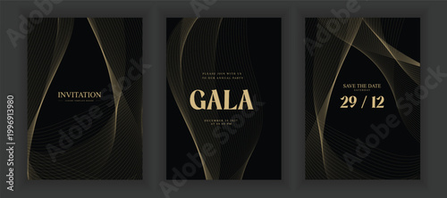 Luxury Gala Invitation Background Vector with Elegant Gold Line Pattern on Black and Light Theme, Premium Design for Wedding, VIP Event Cover and Grand Opening Template
