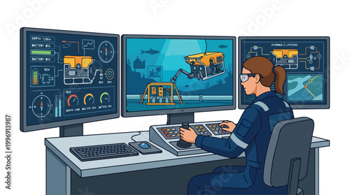 Remote Operated Vehicle Control Room Illustration Featuring Female Technician Monitoring Underwater Systems for Oil and Gas Industry